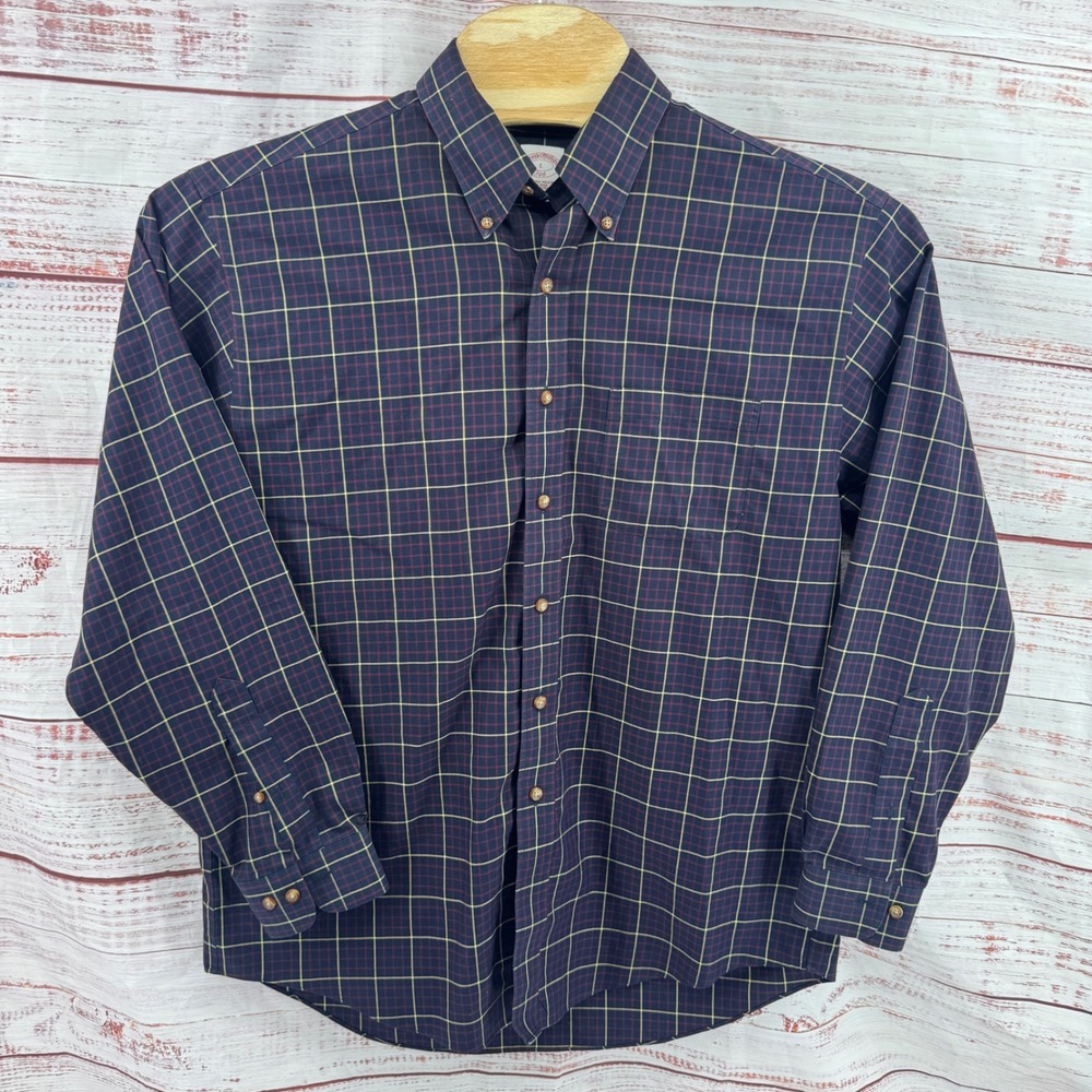 Brooks Brothers Shirt Mens‎ Large Windowpane Plaid Non-Iron Cotton Casual Preppy